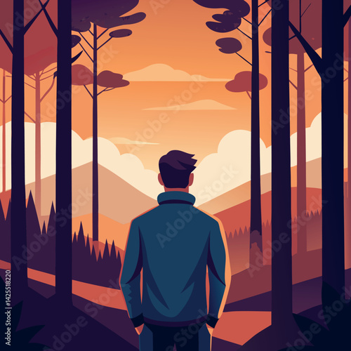A young-man-staring-the-sunset  autumn forest  