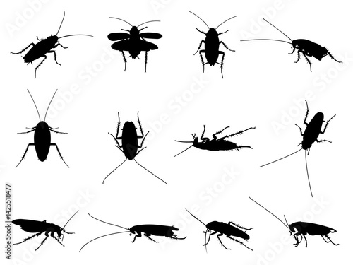 Set of Cockroach Silhouette in various poses isolated on white background