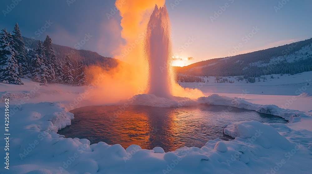 Fototapeta premium Winter Geyser Eruption at Sunrise