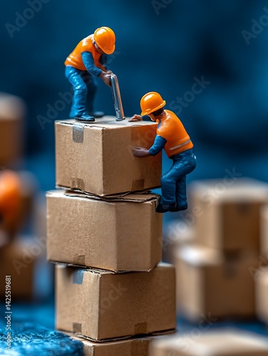Miniature workers stack boxes