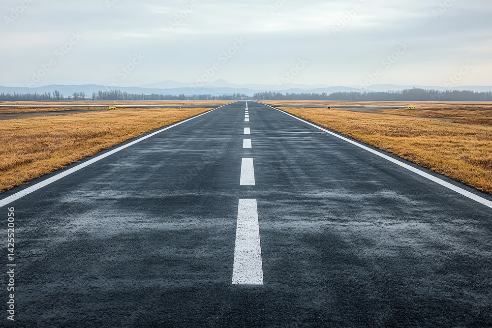Fototapeta premium A serene landscape featuring a long, empty road stretching into the distance, surrounded by fields under a cloudy sky.