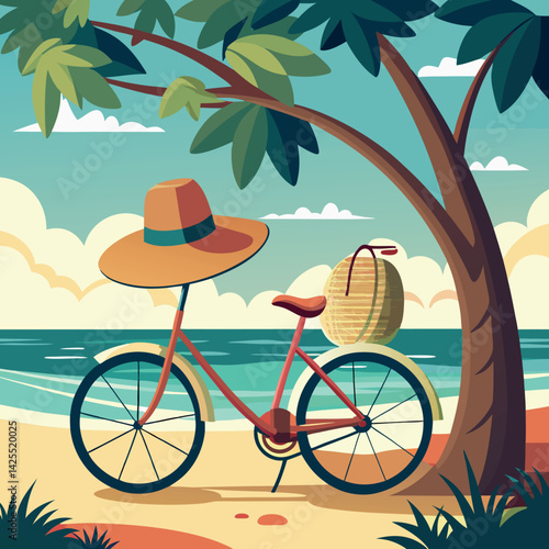Flat-vector-art-of-a-bicycle-leaning-on-a-tree 