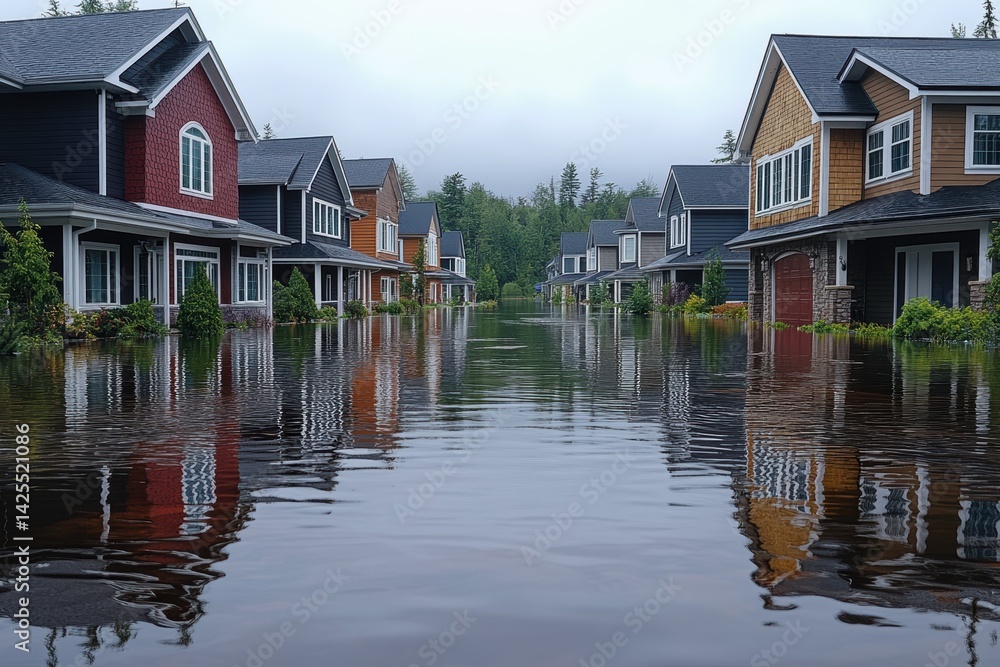 Obraz premium A serene neighborhood overtaken by floodwaters, showcasing the impact of nature on residential areas and the need for community resilience.