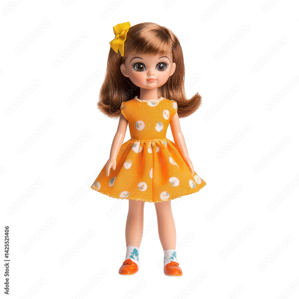 Cute doll wearing a yellow dress with white polka dots and orange shoes poses in a playful setting suitable for children Cute doll wearing a yellow dress with white polka dots and orange shoes poses in a playful setting suitable for children