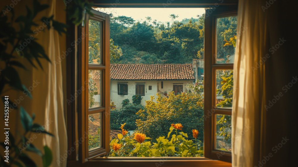 Fototapeta premium Serene view from a cozy window overlooking a vibrant garden and rustic house