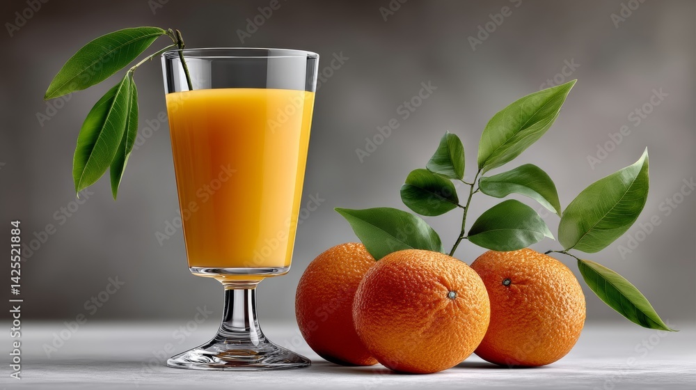 Fototapeta premium Glass of orange juice is on a table with a bunch of oranges. The oranges are in different stages of ripeness, with some being more ripe than others