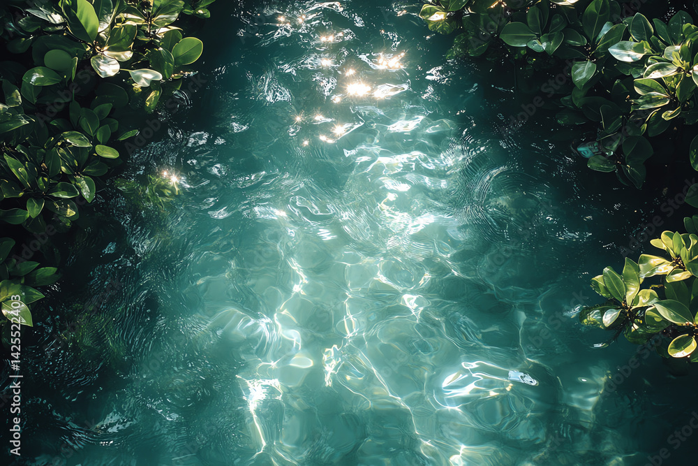 Fototapeta premium A serene water scene with sunlight reflecting on the surface, surrounded by lush green plants, evoking tranquility and nature's beauty.