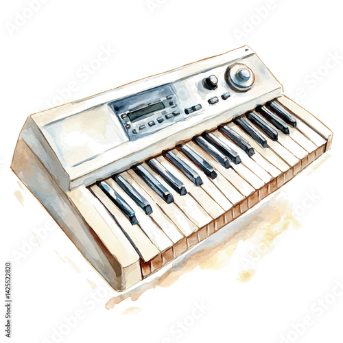Electronic keyboard, watercolor illustration, isolated on a white background.


