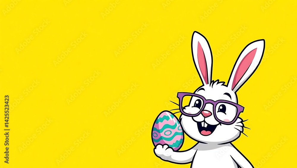 Fototapeta premium happy easter, funny animal, holiday celebration greeting card - Rabbit easter bunny with glasses and easter egg, isolated on yellow background