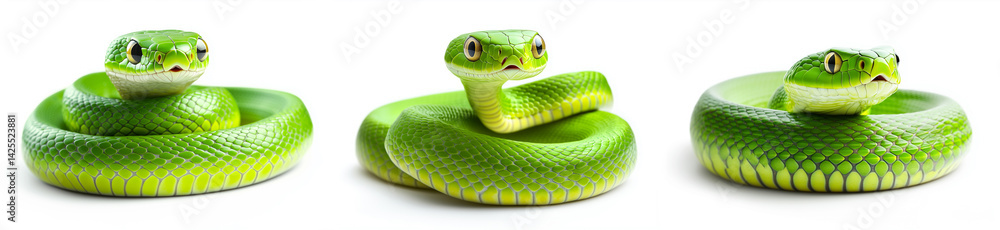 Obraz premium Closeup of bright green snake with detailed scales, coiled and resting isolated on white transparent background