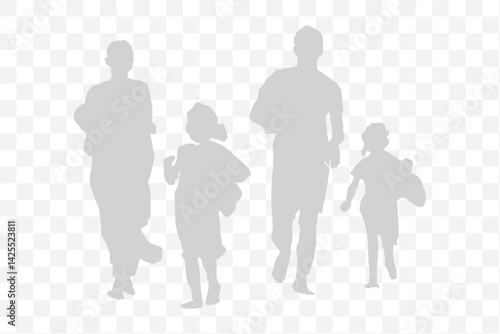 Family silhouette parents with two daughters, family walking together