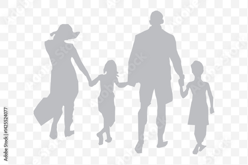 Family silhouette parents with two daughters, family walking together