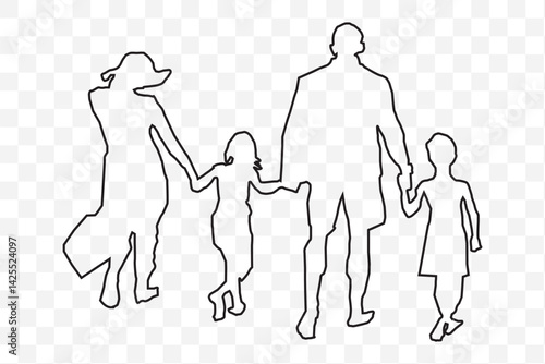 Family silhouette parents with two daughters, family walking together