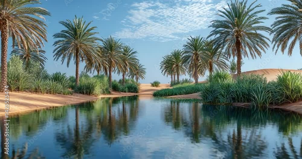Serene oasis palm trees reflecting pool Serene oasis palm trees reflecting pool