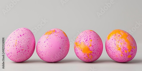 Four eggs with pink and orange paint on them. The eggs are lined up in a row. The eggs are colorful and look like they are painted