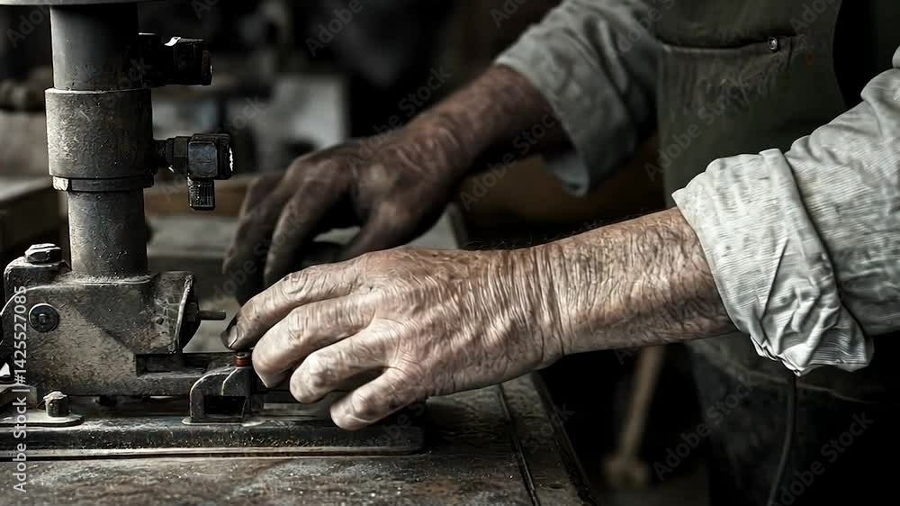 Dirty hands operating vintage machine in workshop