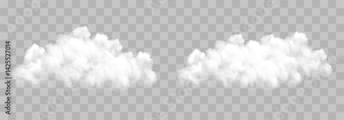 White vector realistic cloud. Vector weather element on png background. Cloud texture, nature sky or foggy nature illustration isolated on transparent background.