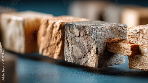Close-up of interconnected wooden blocks with textured surfaces