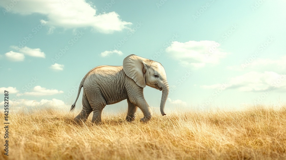 Fototapeta premium Young Elephant in Golden Grassland