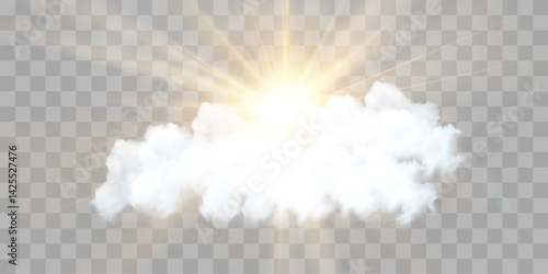 Vector realistic sun cloudy sky. Sunlight and cloud texture, nature sky. Vector weather element on png background. Glow light effect with cloud, smoke, fog. Isolated on transparent background.