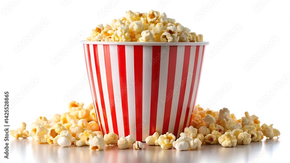 Popcorn in striped bucket isolated on white background Popcorn in striped bucket isolated on white background