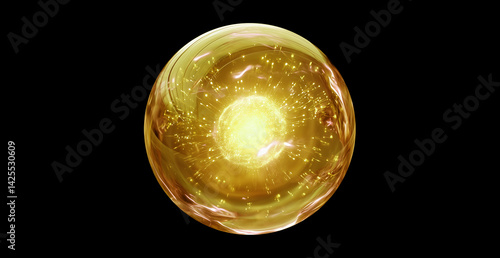 Gold Glass bubbles, crystal, light core, liquid sphere, skincare essence ball, liquid oil foam, cells, science, moisture, face lifting, anti-aging, luxury, energy, drop of oil, beauty and cosmetic