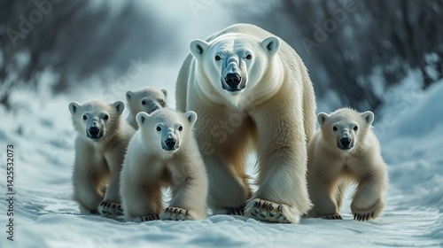 A mesmerizing Arctic wildlife moment featuring a polar bear mother and cubs traversing an icy landscape photo