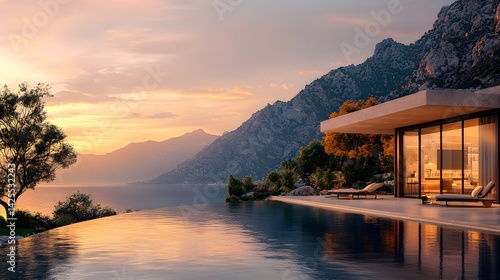 Luxurious modern villa overlooking a tranquil lake surrounded by dramatic mountain scenery at sunset  A picturesque and serene retreat with an infinity pool and glass walls offering panoramic views