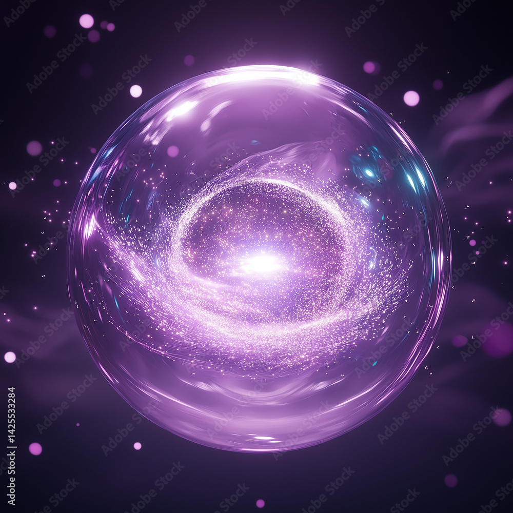 Obraz premium Purple glass bubbles, crystal, glowing core, liquid sphere, skincare essence ball, liquid oil foam, cells, science, moisture, face lifting, anti-aging, luxury, energy, drop of oil, beauty and cosmetic