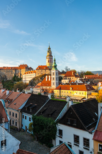 Wallpaper Mural Panoramic view of Cesky Krumlov, featuring the historic castle tower and the church of St. John of Nepomuk. The medieval town's charm is beautifully captured on a sunny day Torontodigital.ca