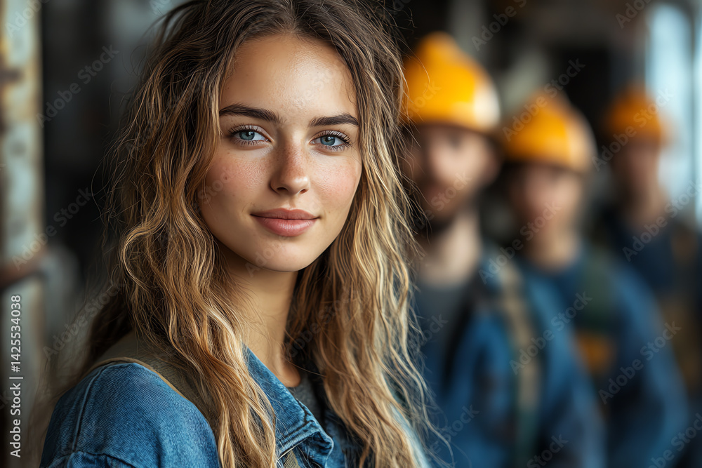Obraz premium A young woman smiles confidently in a work environment, showcasing determination and teamwork among construction workers.