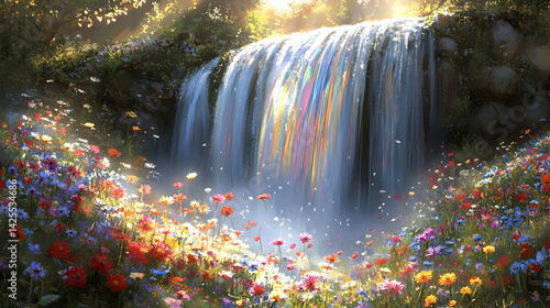 Fototapeta Naklejka Na Ścianę i Meble -  Lush, vibrant waterfall cascading into a meadow of wildflowers.