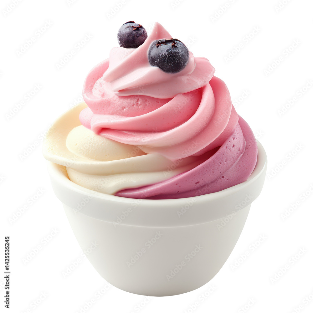 Delicious swirled frozen yogurt with fresh blueberries in a white cup served on a sunny afternoon