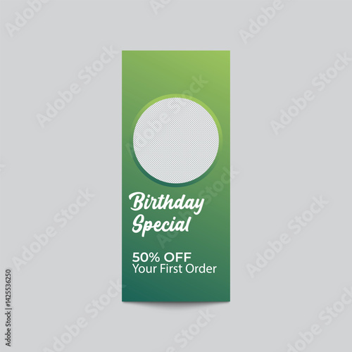 Birthday Special Offer Design Template With Green Color And Photo Placeholder