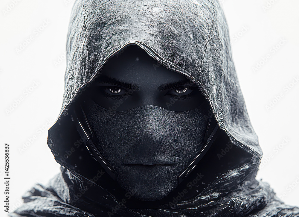 Portrait of Hooded Figure with Mask on Isolated White Background Mysterious Futuristic Concept