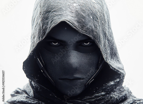 Obraz na płótnie Portrait of Hooded Figure with Mask on Isolated White Background Mysterious Futuristic Concept w salonie