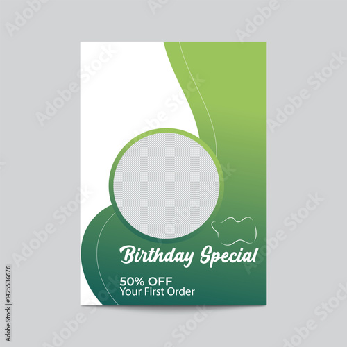 Obraz na płótnie Birthday Special Promotion Template With Green Gradient Background And Photo Placeholder w salonie