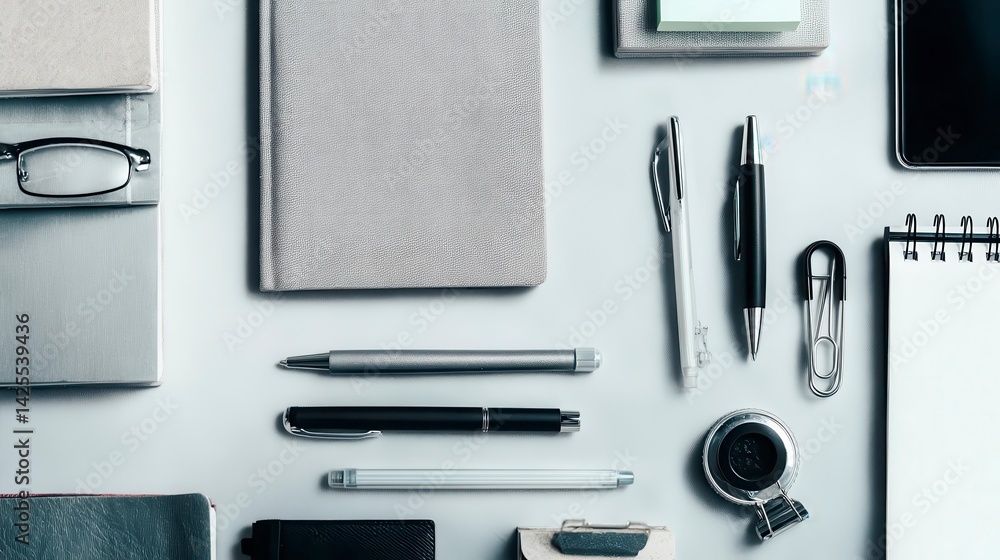 Neatly Arranged Desk with Stationery, Symbolizing Organization and Efficient Planning Neatly Arranged Desk with Stationery, Symbolizing Organization and Efficient Planning