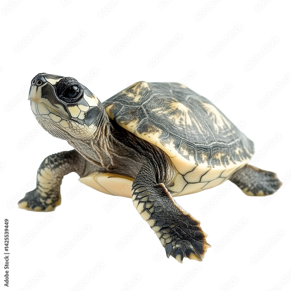 Turtle walking on a smooth surface, showcasing its detailed shell and limbs in a bright environment at midday Turtle walking on a smooth surface, showcasing its detailed shell and limbs in a bright environment at midday