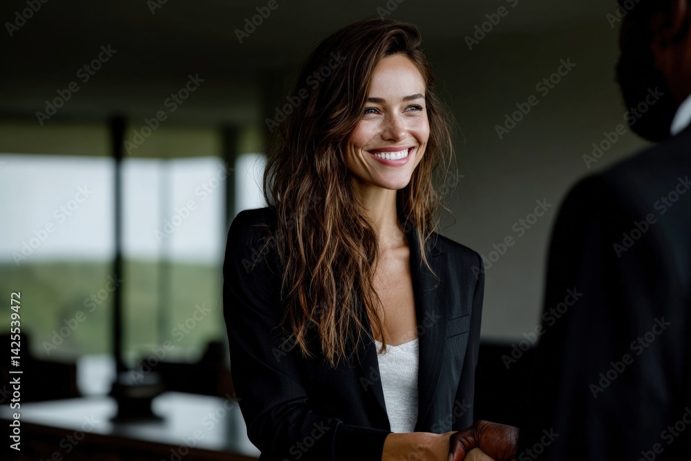 Businesswoman in formal attire shaking hands with a colleague across a modern office desk