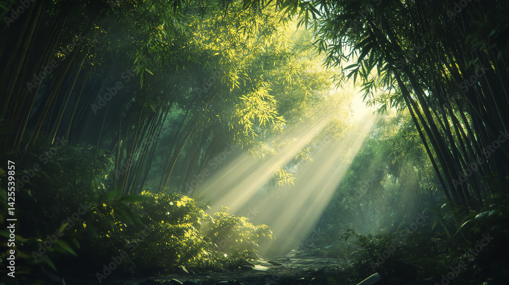 Sunbeams Through Bamboo Forest Path Nature Scene Sunbeams Through Bamboo Forest Path Nature Scene