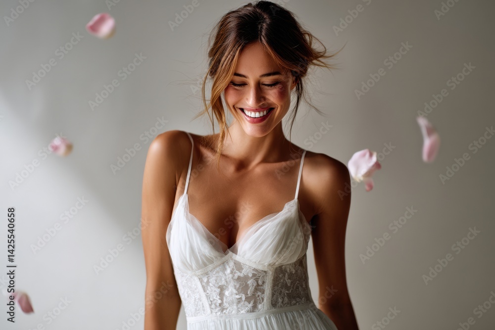 Bride in white wedding dress with sheer overlay, petals falling around her, light background.