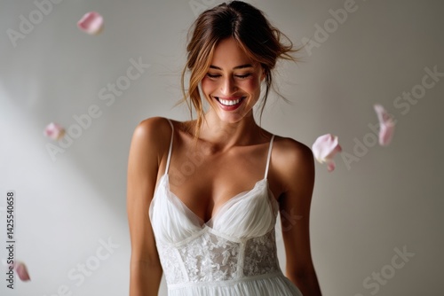 Obraz na płótnie Bride in white wedding dress with sheer overlay, petals falling around her, light background. w salonie