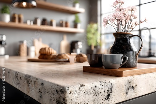 Wallpaper Mural Light-colored countertop mockup in modern kitchen with blurred background. 3D Rendering Torontodigital.ca