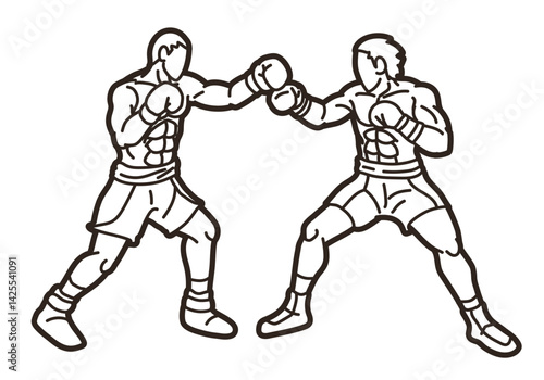 Outline Boxing Sport Kickboxing Muay Thai Boxer Ready to Fight and Punching Action Cartoon Graphic Vector