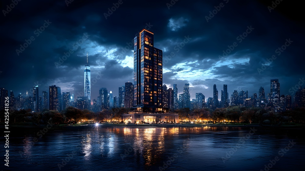 Fototapeta premium Mesmerizing cityscape with towering skyscrapers and glittering lights reflecting on the tranquil river at dusk creating a captivating and dynamic urban landscape