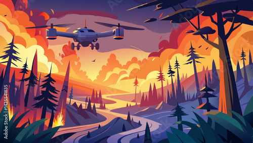 Aerial view of a drone surveying wildfires at sunset, with smoke and flames rising into the sky over a forest fire and drones surveying areas affected