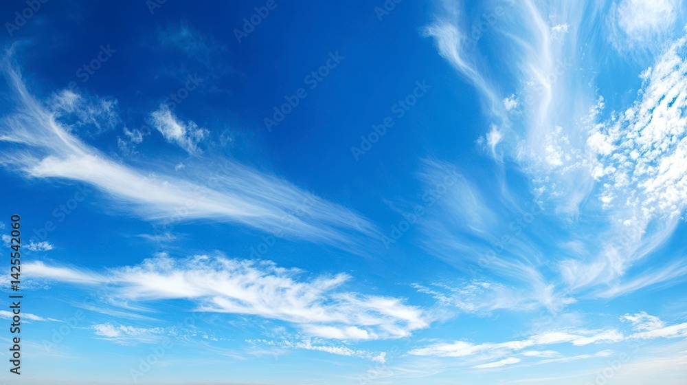 Expansive blue sky with wispy clouds, a panoramic view of serenity and freedom. Expansive blue sky with wispy clouds, a panoramic view of serenity and freedom.