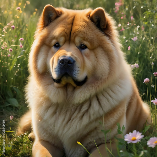 Chow chow dog sitting in the grass with flowers