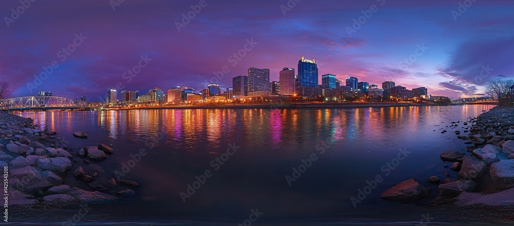Fototapeta premium Panoramic view of the Nashville skyline at dusk, with colorful reflections on the river. The buildings are illuminated by lights, and the sky displays beautiful purple and pink hues. This urban